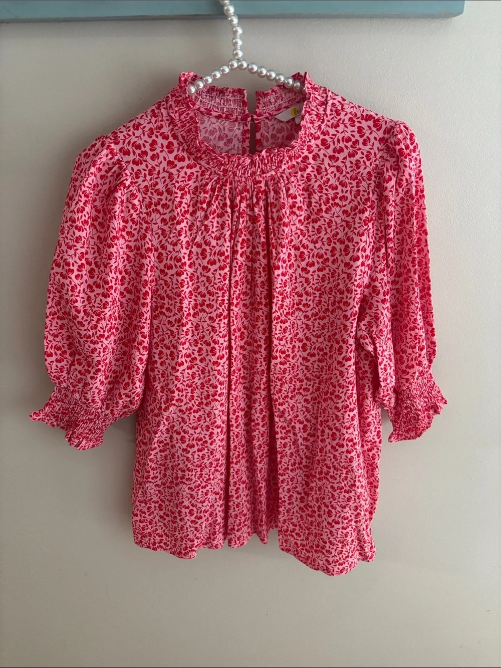 Boden Pink Smocked Detail Top Blouse Floral Puff Sleeve Ruffle Mock Neck Size 8